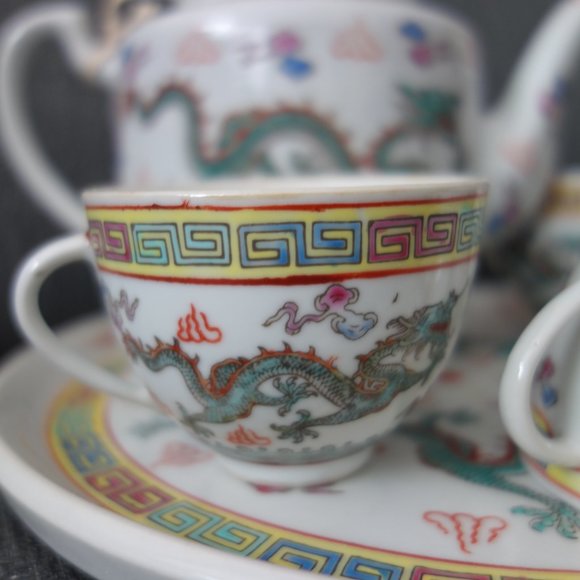 Ceramic Dragon Design Tea Pot (1),  Tea Cups (4) and Tray/Plate (1) - Picture 6 of 16